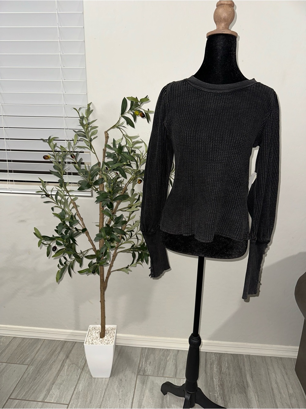 Free people Black Waffle Knit Top